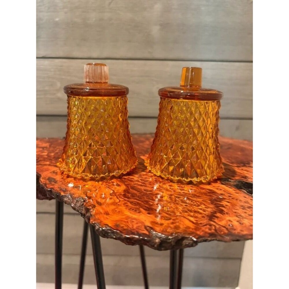 Set of 2 Amber Glass Diamond Point Peg Votive Holder by Homco